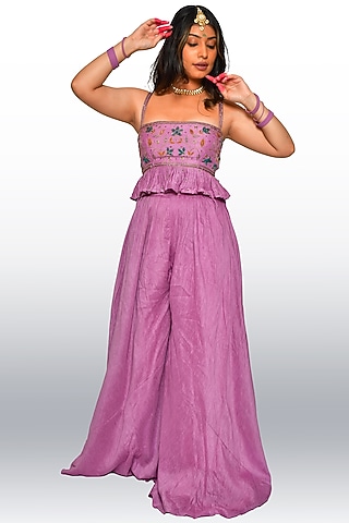 Light Purple Pleated Umbrella Palazzo Pant Set by Vaibhavi & Sejal