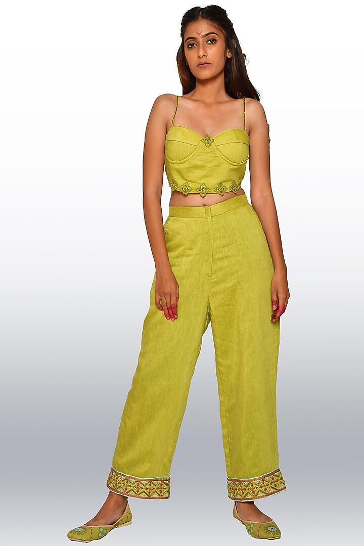 Leaf Green Hand Embroidered Jacket Set by Vaibhavi & Sejal at Pernia's Pop Up Shop