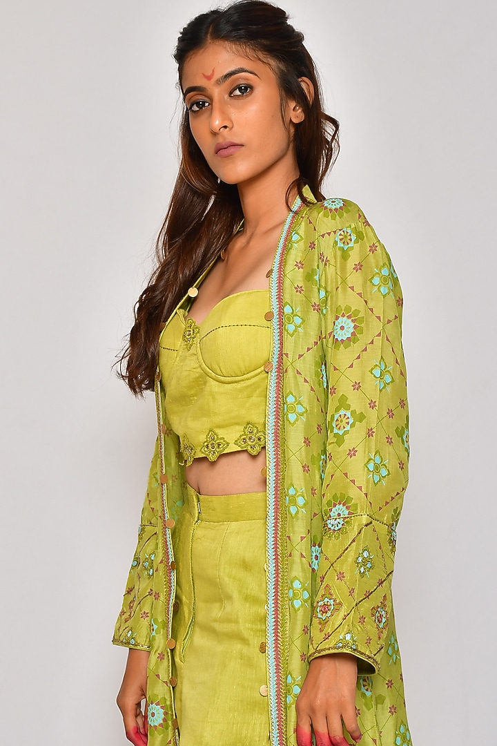 Leaf Green Hand Embroidered Jacket Set by Vaibhavi & Sejal at Pernia's Pop Up Shop