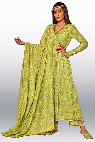 Green Linen Silk Embroidered Anarkali Set by Vaibhavi & Sejal