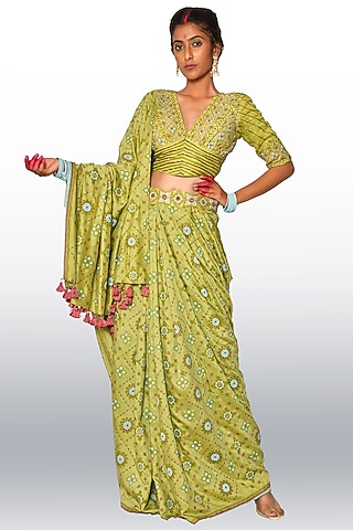 Sea Green Muslin Silk Hand Painted Saree Set by Vaibhavi & Sejal