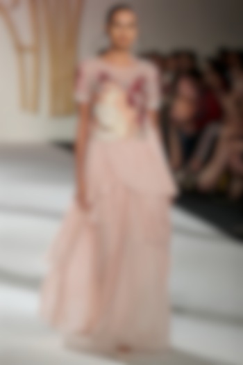 Pale Pink Embroidered Top with Drape Skirt by Varun Bahl