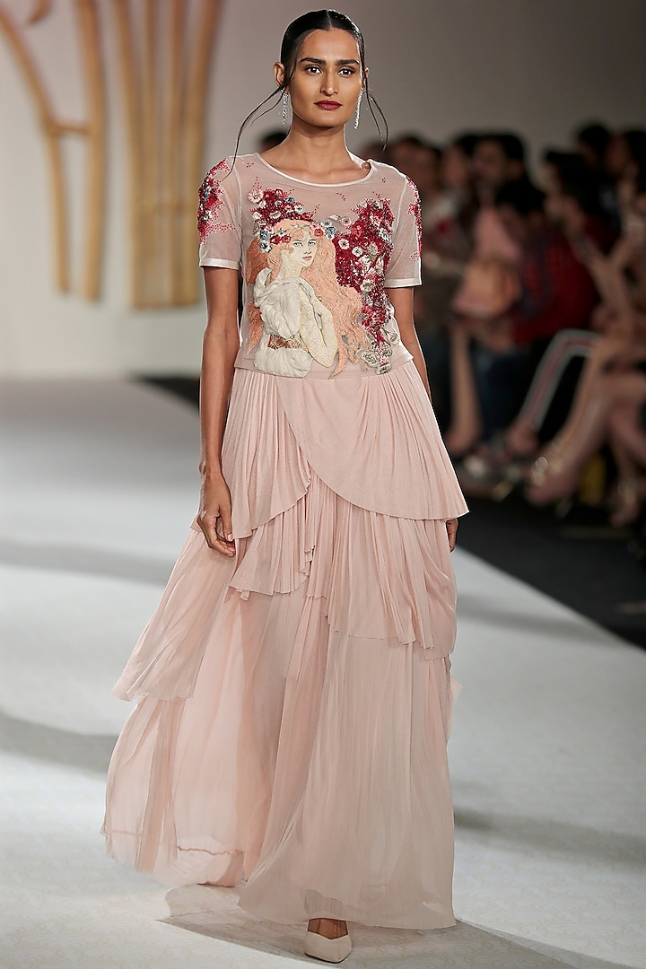 Pale Pink Embroidered Top with Drape Skirt by Varun Bahl