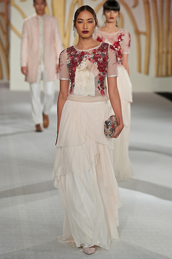 Ivory Embroidered Top with Drape Skirt by Varun Bahl