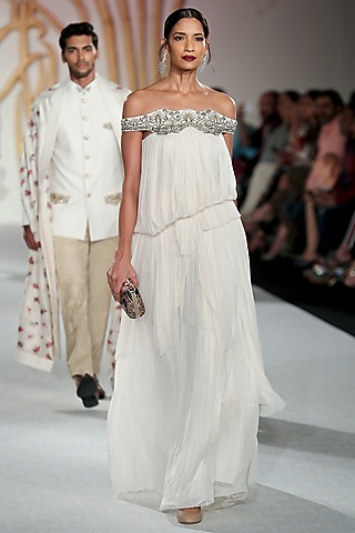Ivory Off Shoulder Balloon Gown by Varun Bahl