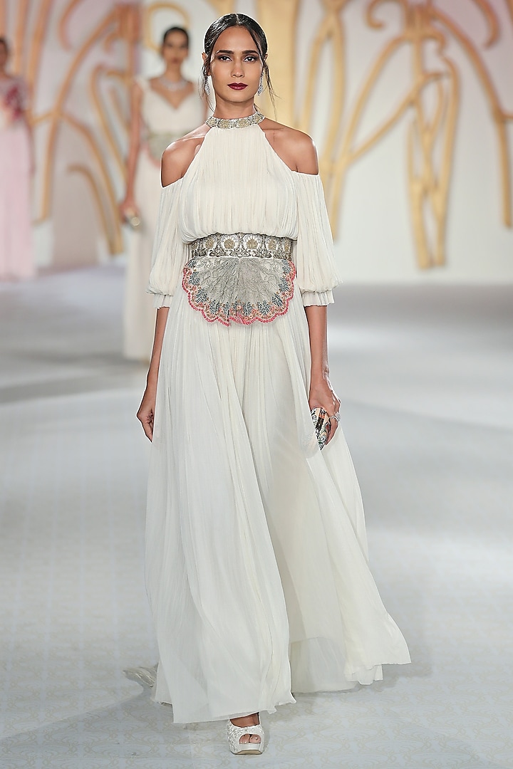 Ivory Cold Shoulder Gown by Varun Bahl