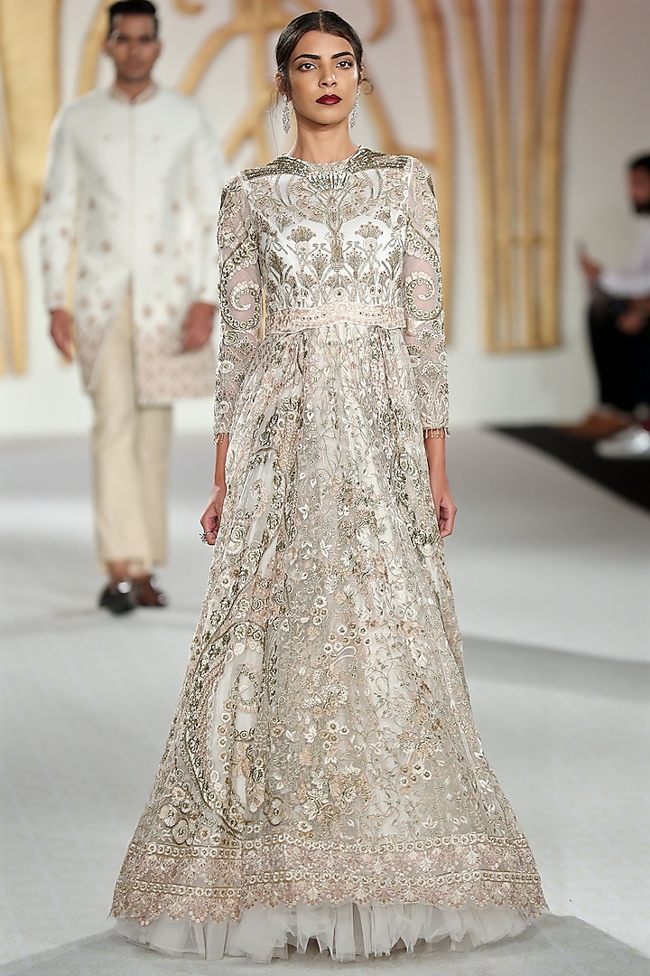 Ivory Embroidered Flared Gown by Varun Bahl