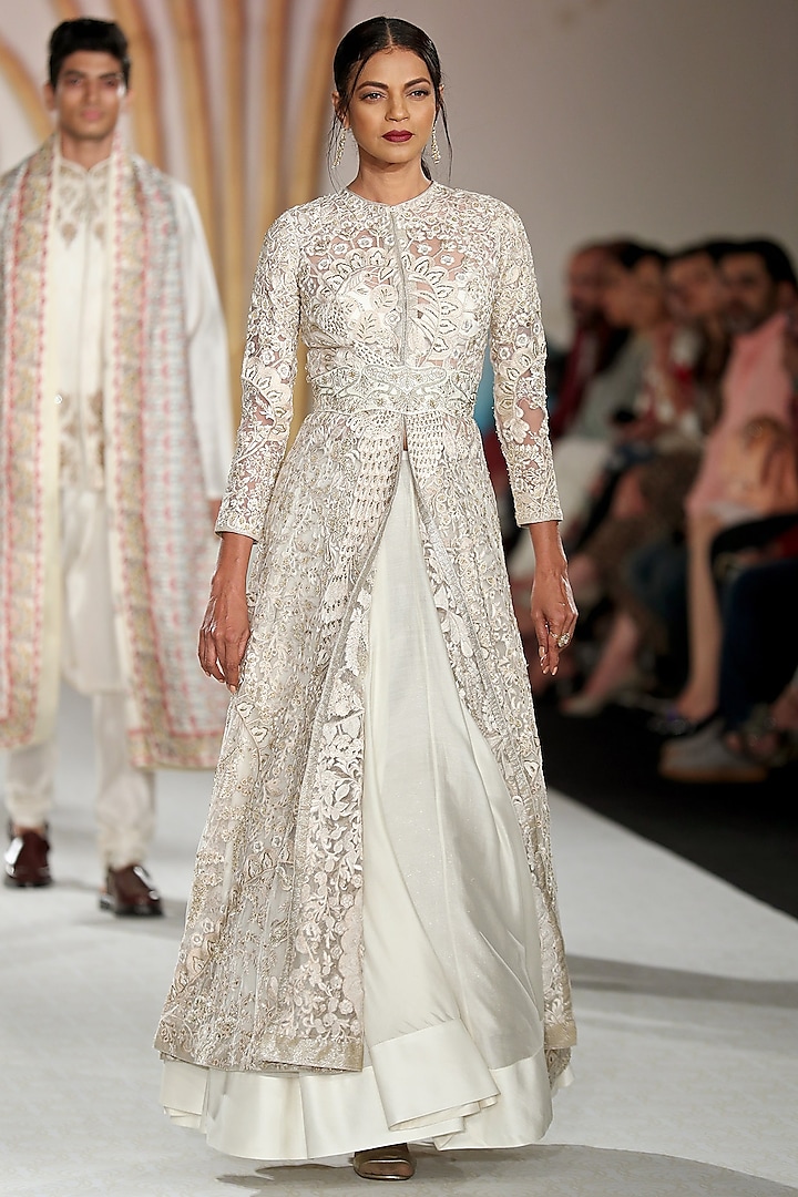 Ivory Embroidered Anarkali Jacket and Skirt Set by Varun Bahl