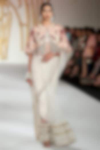 Ivory Embroidered Saree and Cape Set by Varun Bahl