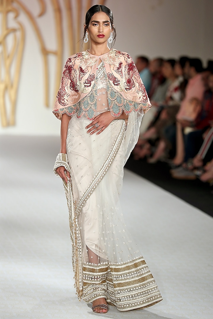 Ivory Embroidered Saree and Cape Set by Varun Bahl