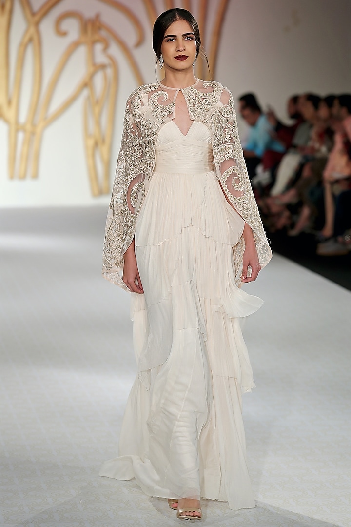 Ivory Ruffled Gown with Cape Set by Varun Bahl