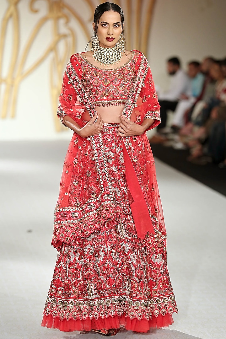 Red Embroidered Lehenga Set by Varun Bahl