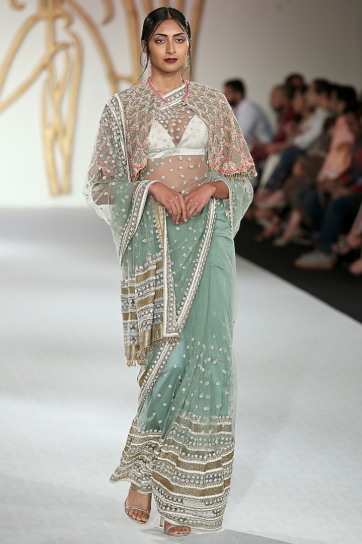 Pistachio Embroidered Saree and Cape Set by Varun Bahl