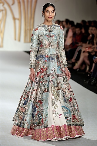 Green Anarkali Jacket with Ivory Skirt by Varun Bahl