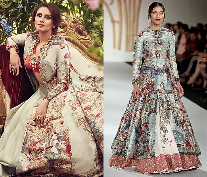 Green anarkali jacket with ivory skirt available only at Pernia's Pop Up Shop.