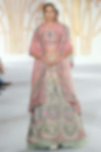 Green and pink embroidered lehenga set available only at Pernia's Pop Up Shop.