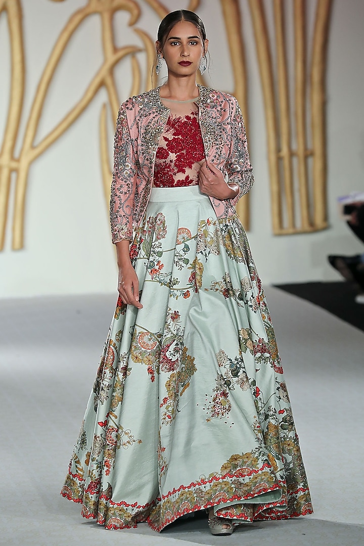 Pink Embroidered Jacket, Bodysuit and Green Skirt Set by Varun Bahl