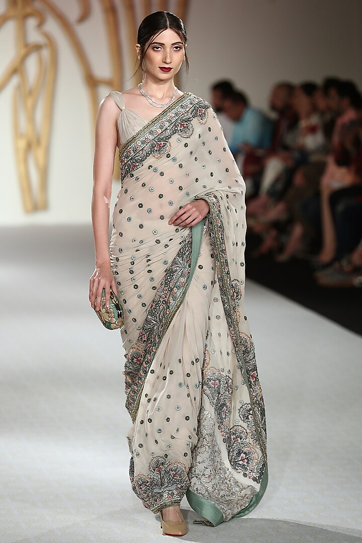 Ivory Embroidered Saree with Blouse by Varun Bahl