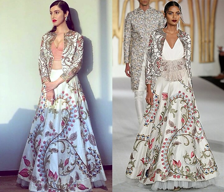 Ivory embroidered asymmetrical lehenga, blouse and jacket set available only at Pernia's Pop Up Shop.