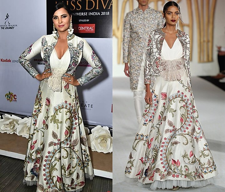 Ivory embroidered asymmetrical lehenga, blouse and jacket set available only at Pernia's Pop Up Shop.