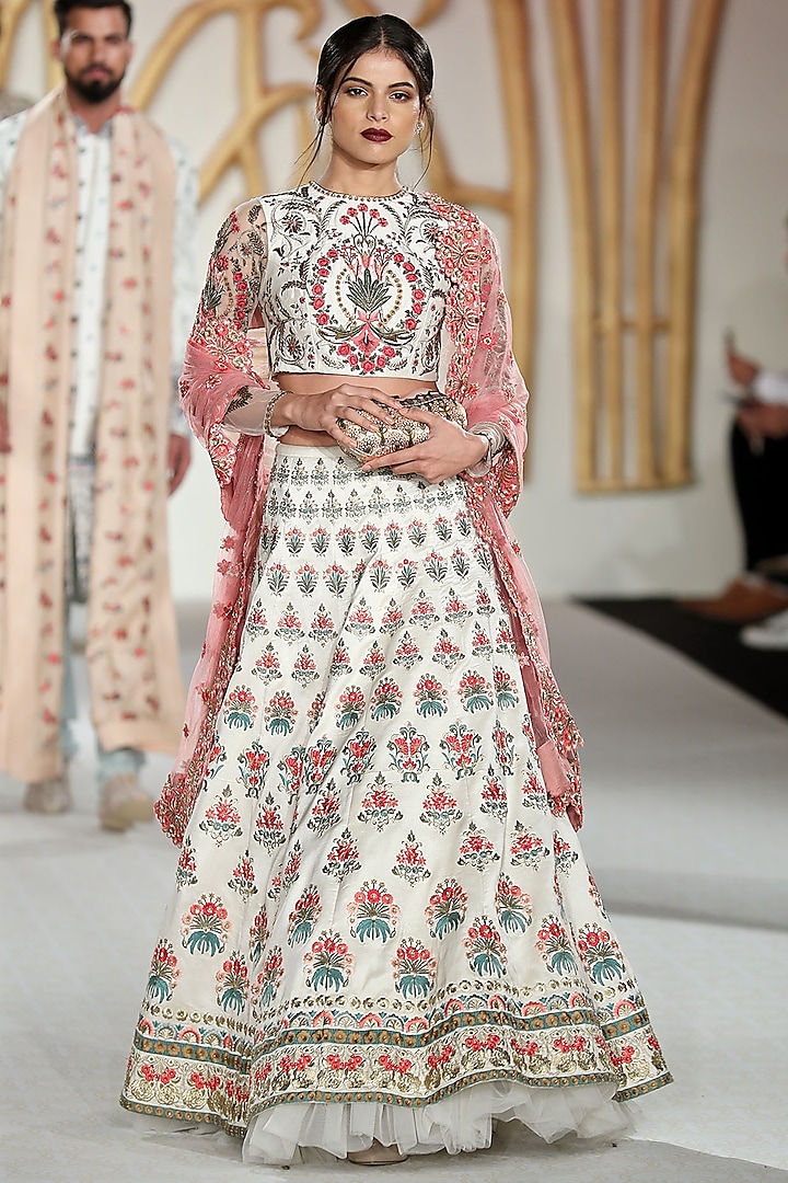 Ivory Abstract Embroidered Lehenga Set by Varun Bahl