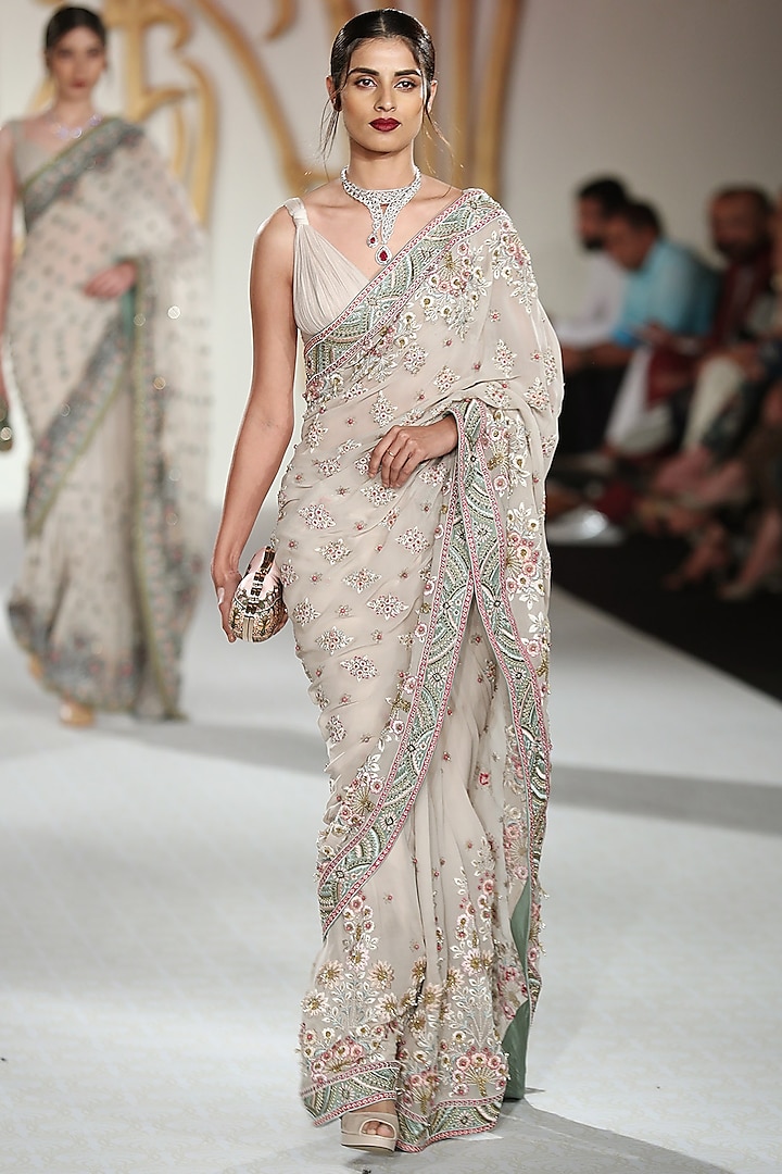 Sea Green Embroidered Saree with Blouse by Varun Bahl