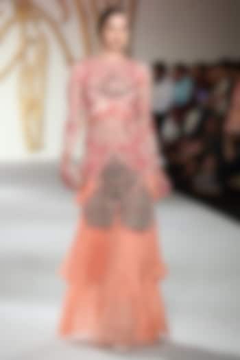 Peach Embroidered Drape Layered Gown by Varun Bahl