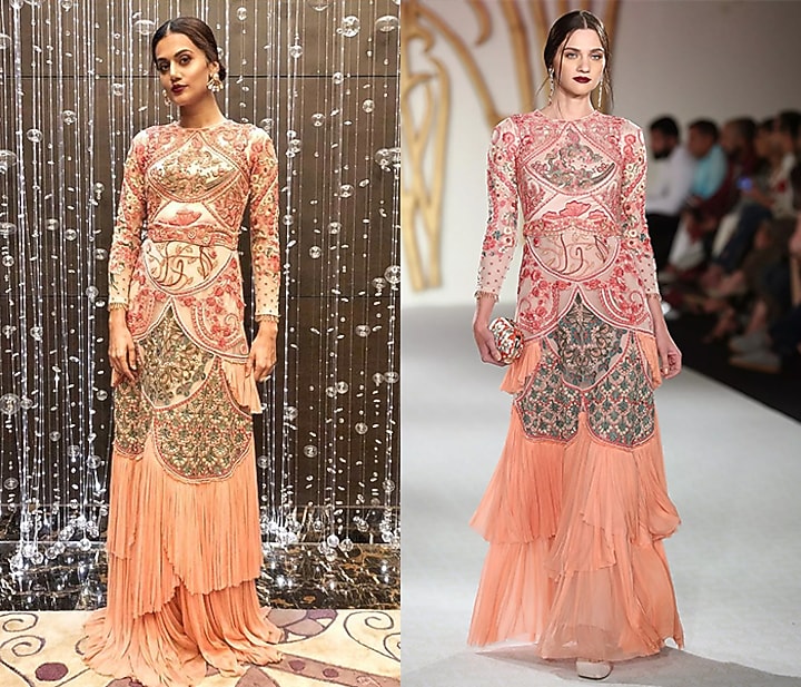 Peach embroidered drape layered gown available only at Pernia's Pop Up Shop.