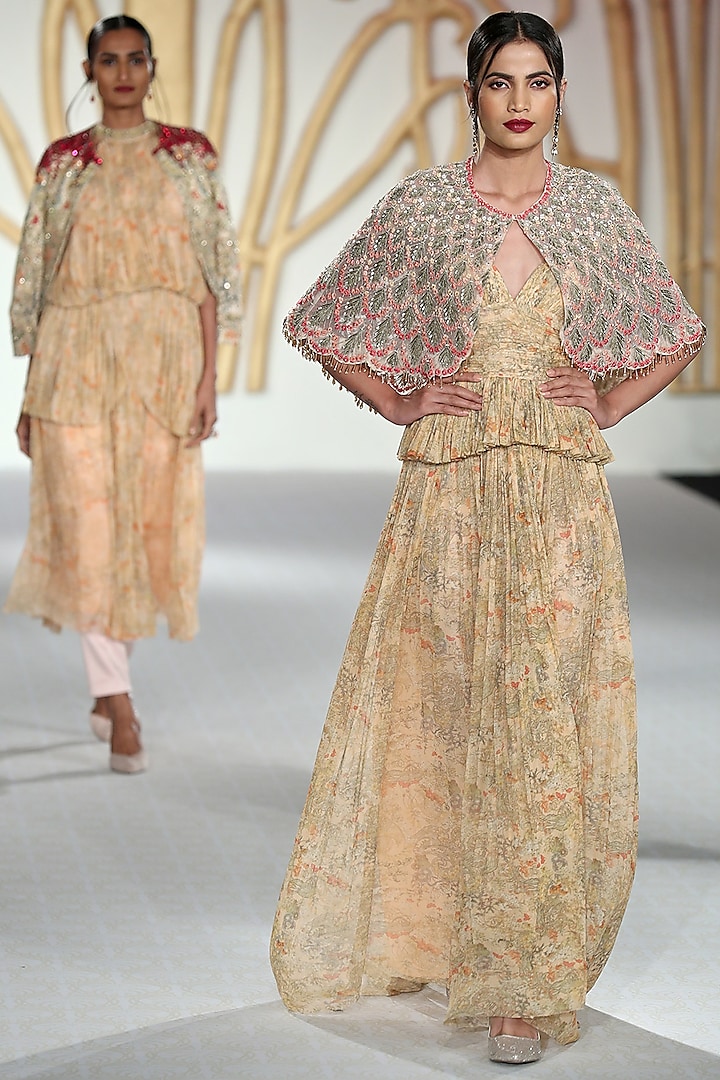 Beige Printed Drape Gown with Peach Scallop Cape by Varun Bahl