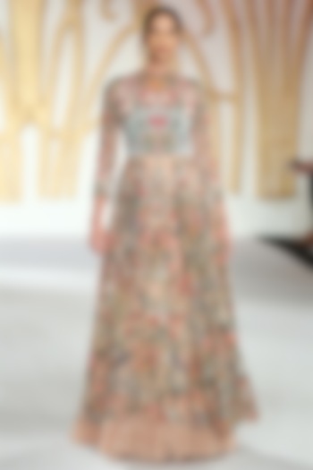 Nude Embroidered Asymmetrical Gown by Varun Bahl
