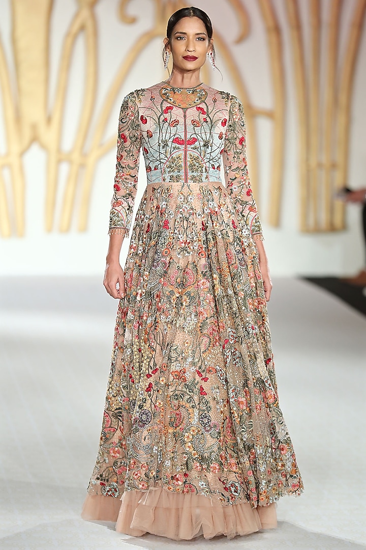 Nude Embroidered Asymmetrical Gown by Varun Bahl