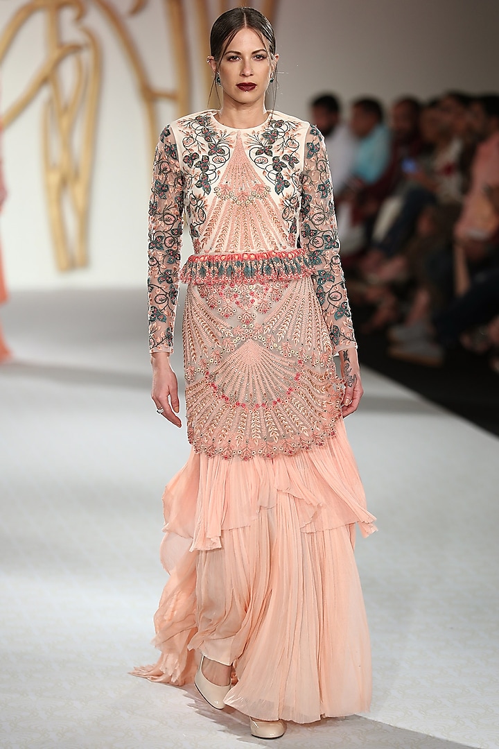 Peach Floral Embroidered Drape Gown by Varun Bahl