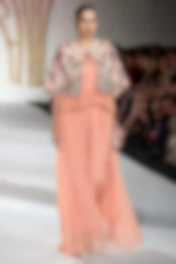 Peach Drape Gown with Embroidered Cape by Varun Bahl
