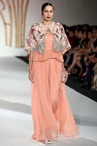 Peach Drape Gown with Embroidered Cape by Varun Bahl