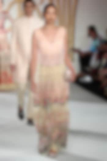 Pale Peach Embroidered Skirt with Gathered Blouse by Varun Bahl