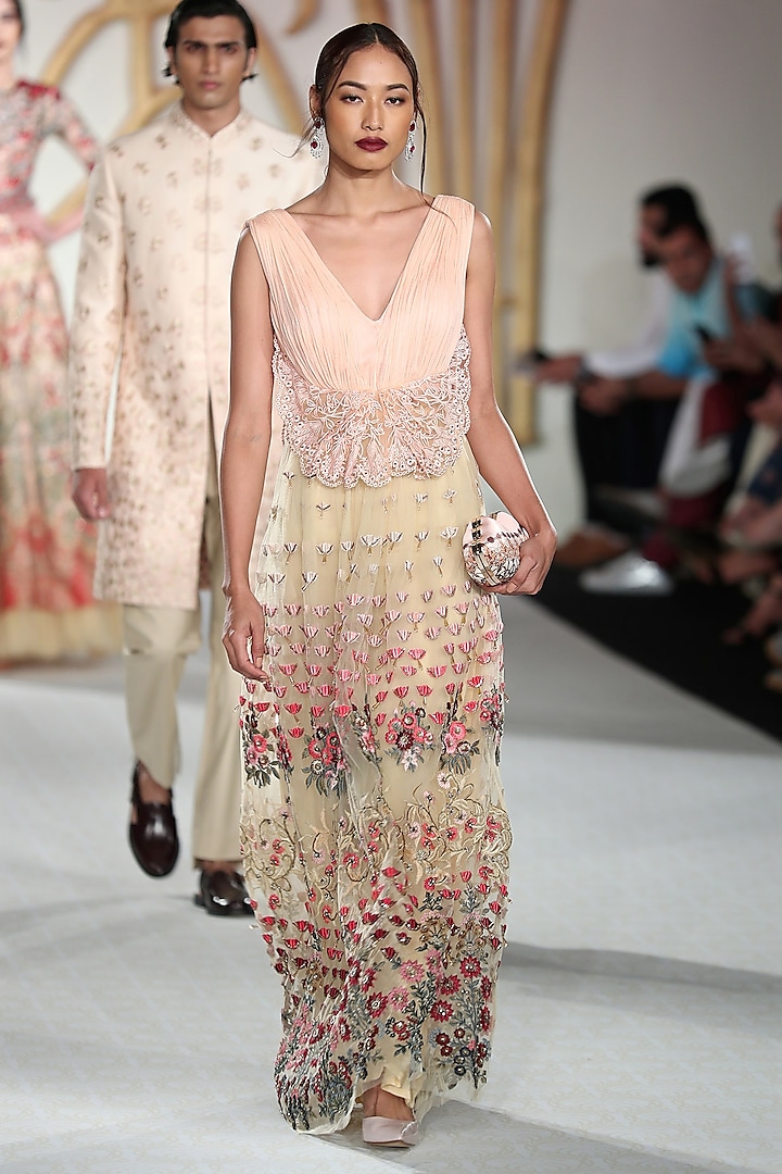 Pale Peach Embroidered Skirt with Gathered Blouse by Varun Bahl