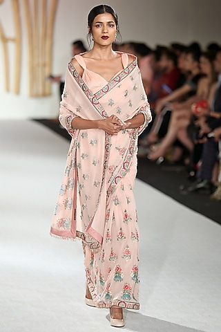 Peach Embroidered Saree with Blouse by Varun Bahl