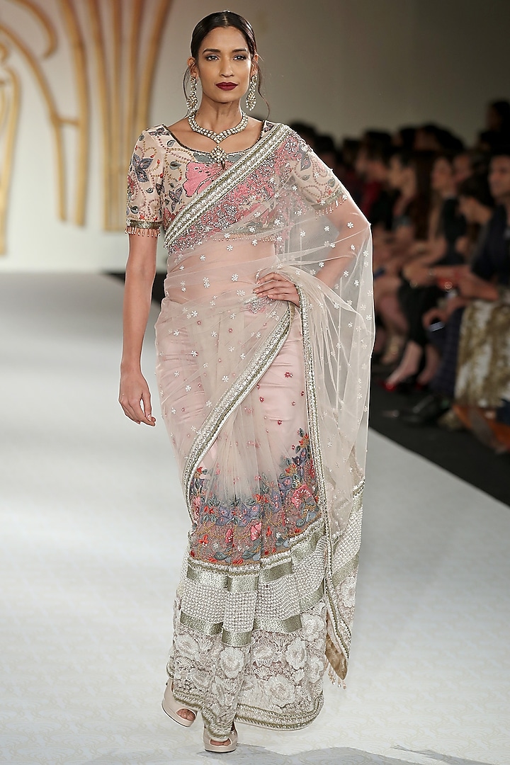 Pale Pink Embroidered Net Saree with Blouse by Varun Bahl