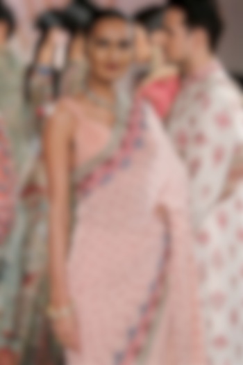 Pale Pink Embroidered Saree with Blouse by Varun Bahl