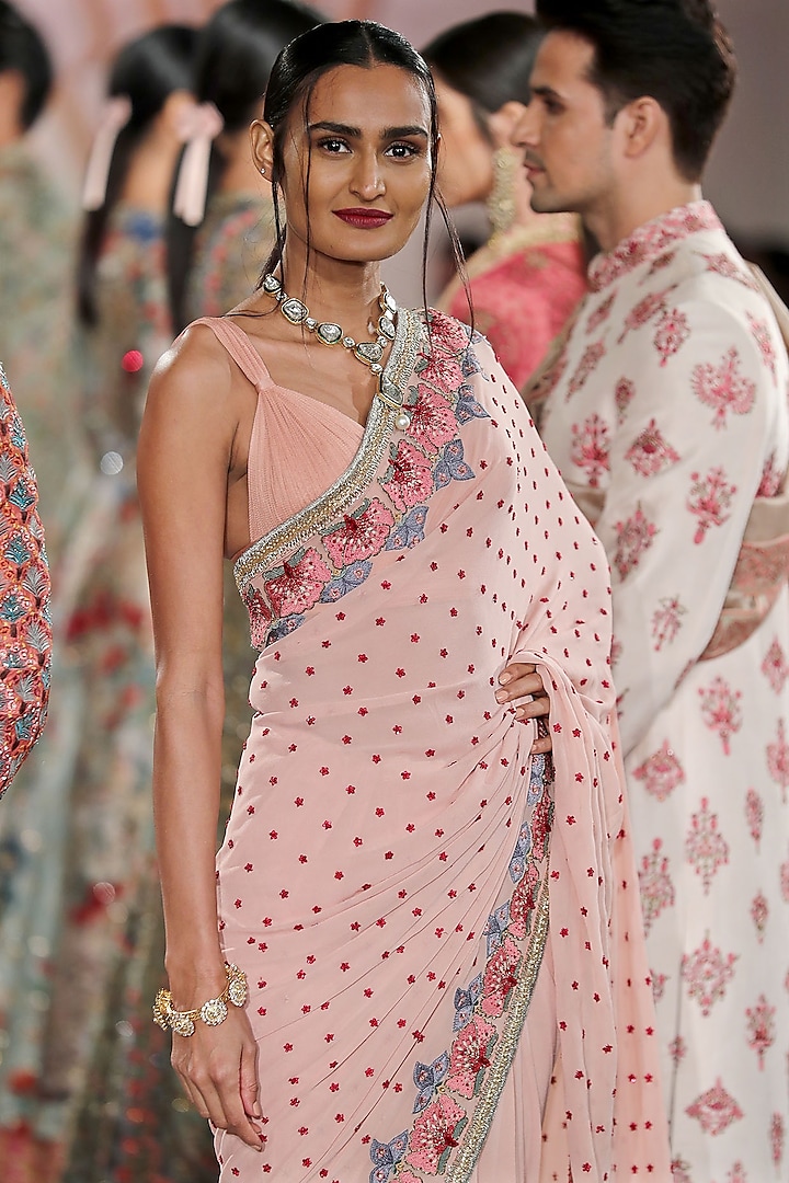 Pale Pink Embroidered Saree with Blouse by Varun Bahl