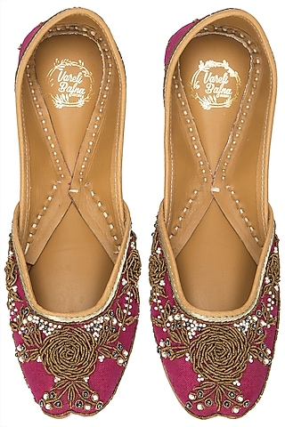 Rani Pink Zardosi Embroidered Juttis by Vareli Bafna Designs