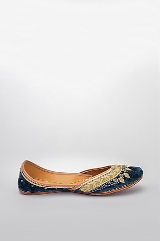 Teal Blue Embroidered Zardozi Work and Pearl Juttis by Vareli Bafna Designs