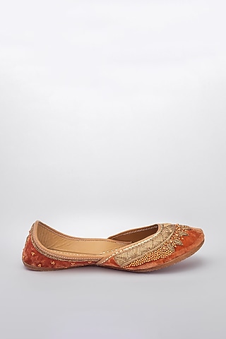 Orange Embroidered Zardozi Work and Pearl Juttis by Vareli Bafna Designs
