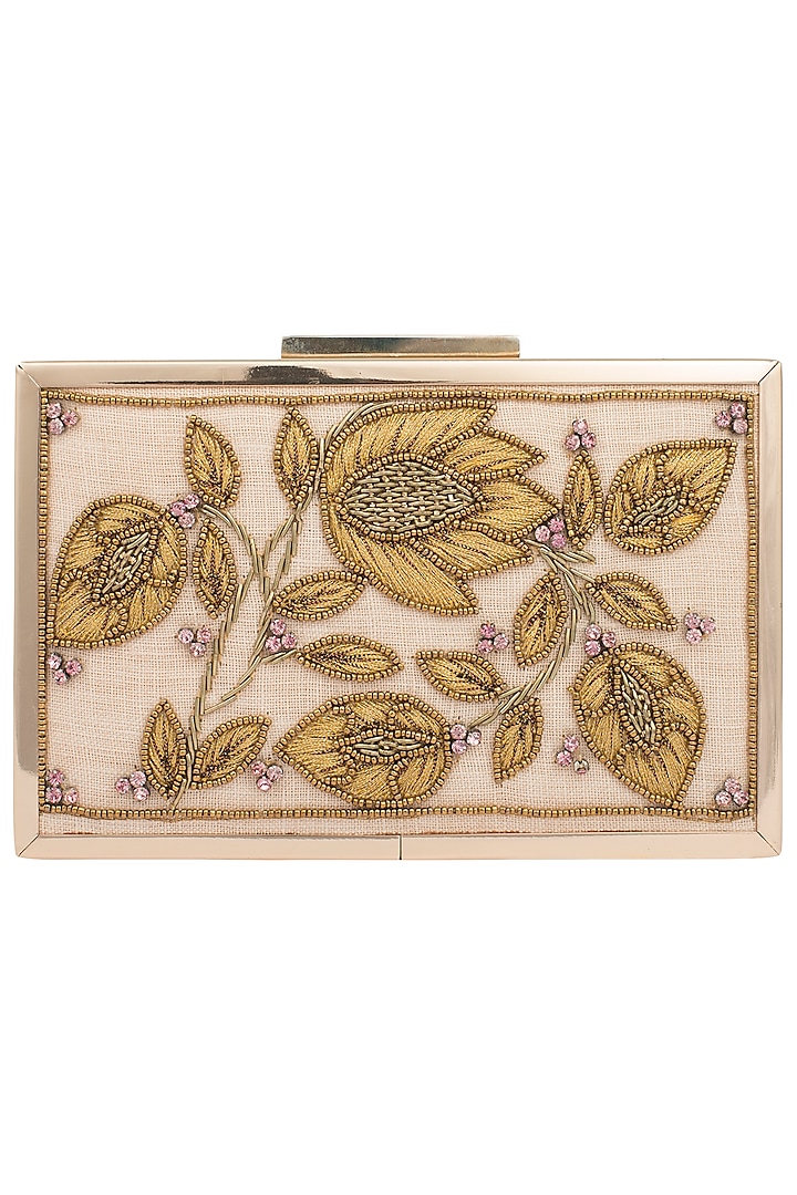 Golden Dual Detailed Embroidered Clutch by Vareli Bafna Designs