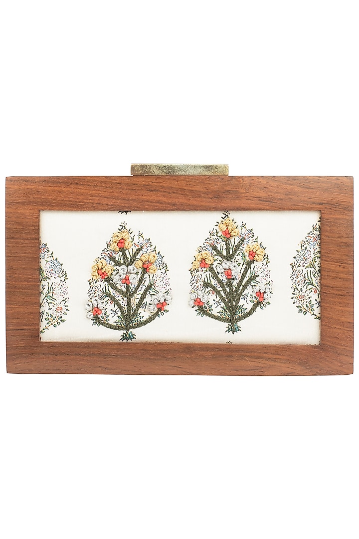White Gold Wire Detailed Antique Wooden Frame Clutch by Vareli Bafna Designs