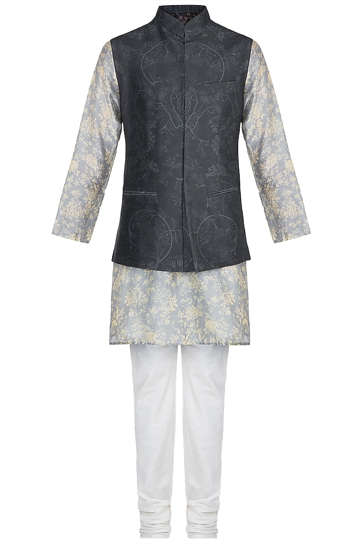 Powder Blue Printed Kurta Set With Dark Grey Bundi Jacket by Varun Bahl Men