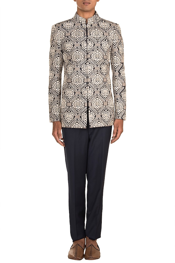 Grey Embroidered Groom Bandhgala Jacket With Pants by Varun Bahl Men at Pernia's Pop Up Shop