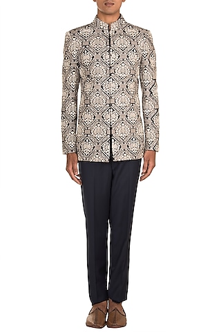 Grey Embroidered Bandhgala Jacket With Pants by Varun Bahl Men