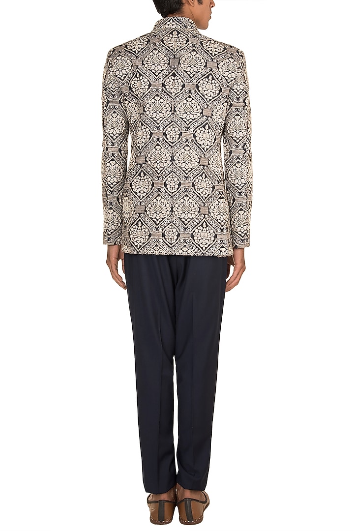 Grey Embroidered Groom Bandhgala Jacket With Pants by Varun Bahl Men at Pernia's Pop Up Shop