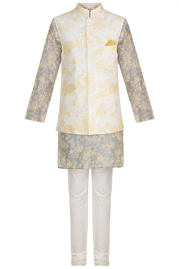 Powder Blue Printed Kurta Set With Ivory Bundi Jacket by Varun Bahl Men at Pernia's Pop Up Shop
